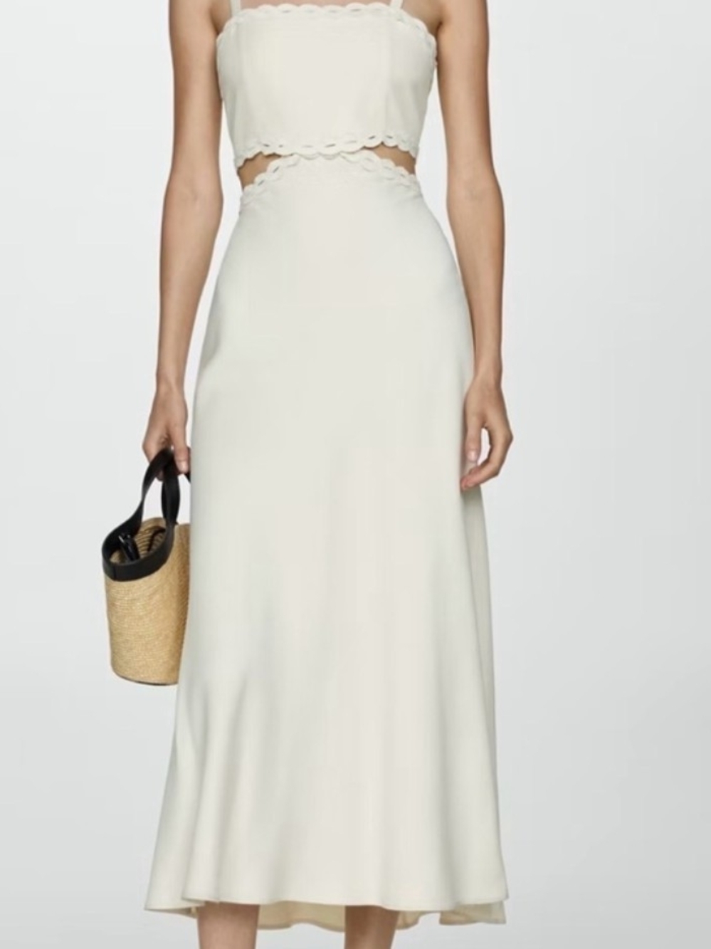 MANGO Lace Trim Cutout Boho-Chic Midi Dress – Cream / Off-White Size 8,